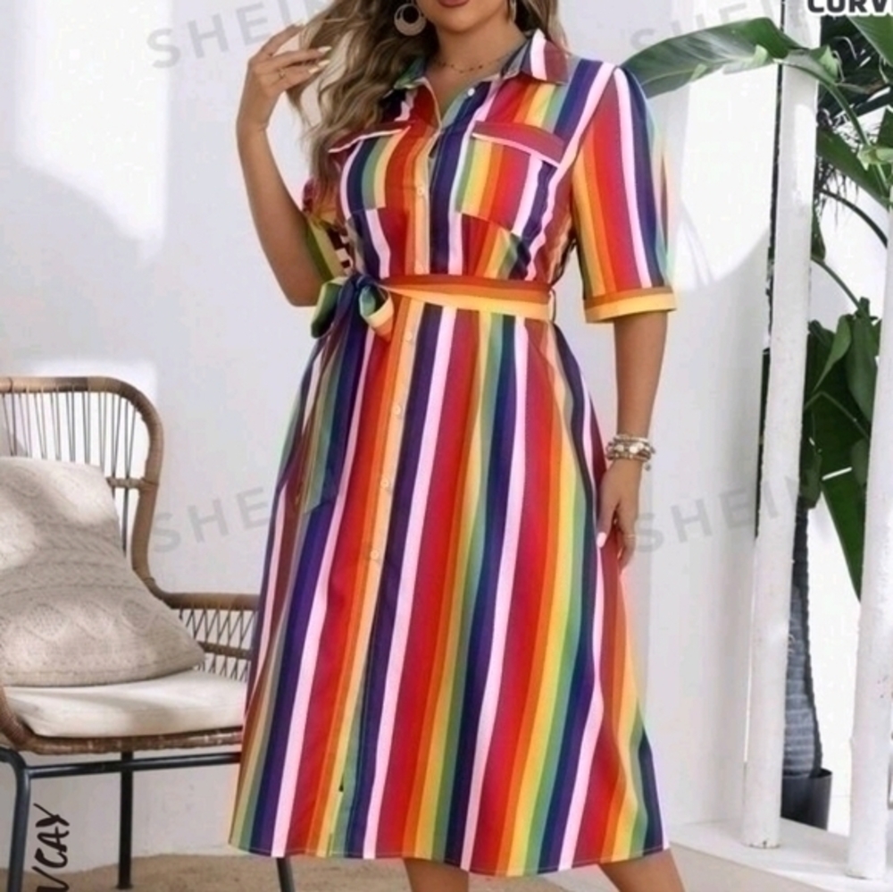 SHEIN Rainbow Striped Midi Shirt Dress with Tie Belt